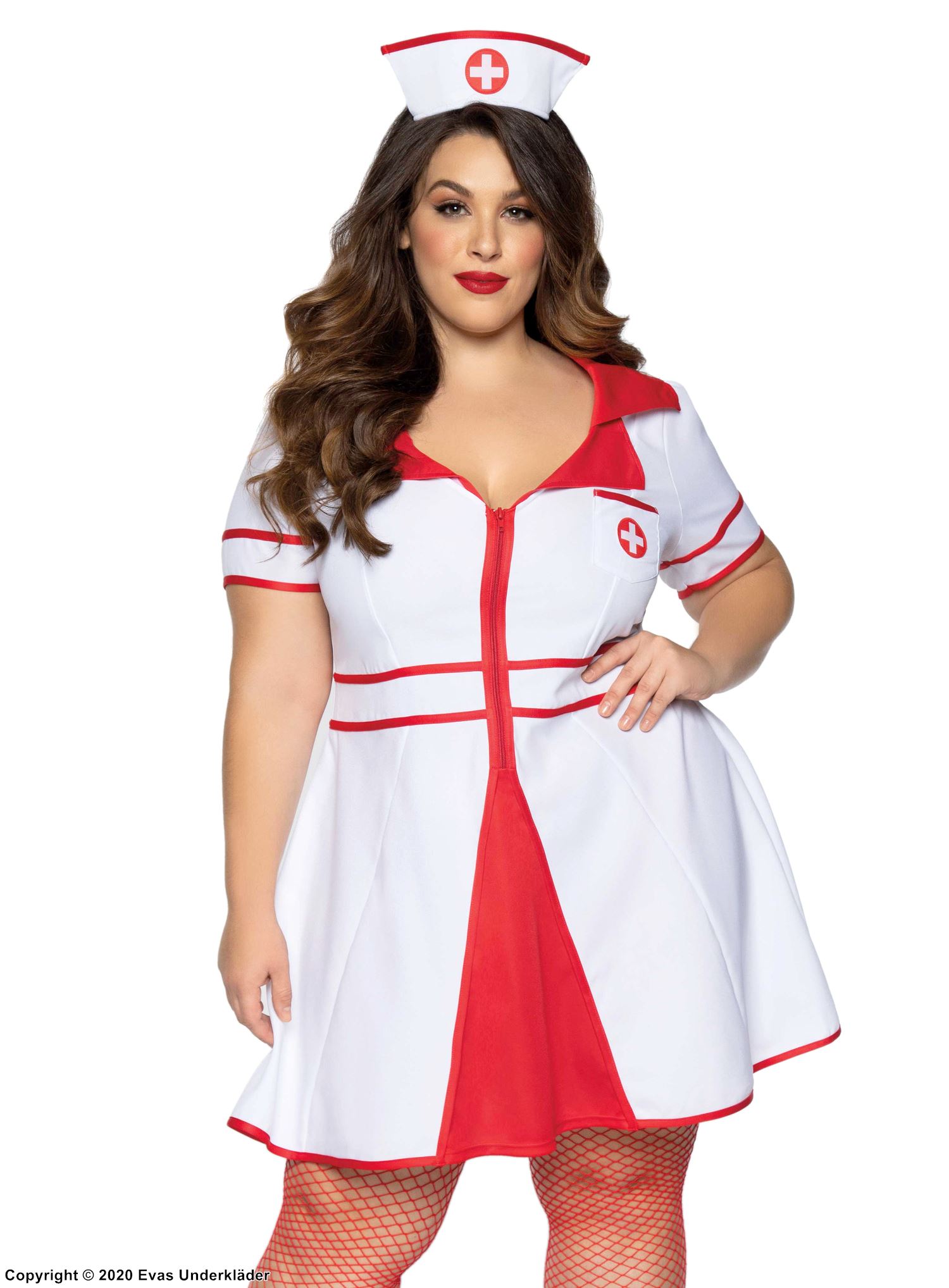 Sjuksköterska, maskeradklänning med dragkedja på framsidan, XL till 4XL